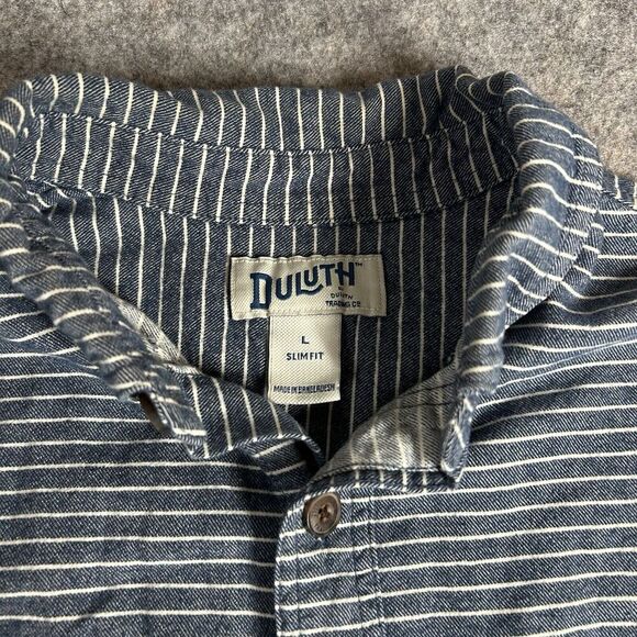 Duluth Trading Shirt Men’s Large Free Swingin Flannel Slim Fit Abyss Blue Stripe - Picture 3 of 7
